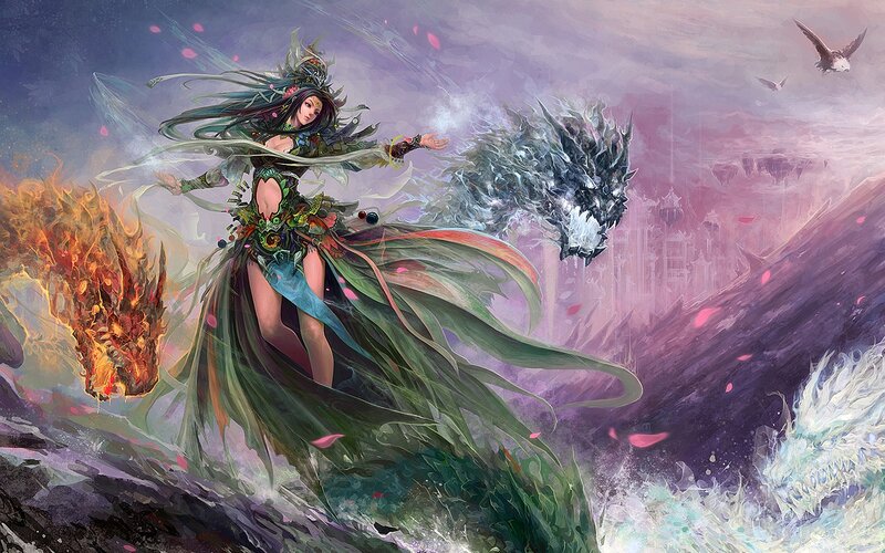 Female Mage with Elemental Spirits