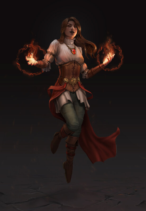 Female Mage with Fire — Red, Dramatic