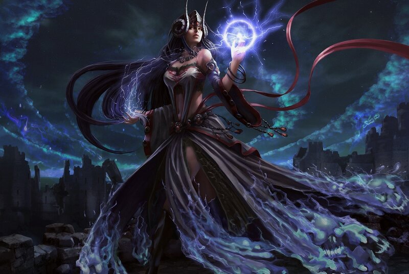 Female Mage with Lightning — Blue, Dramatic