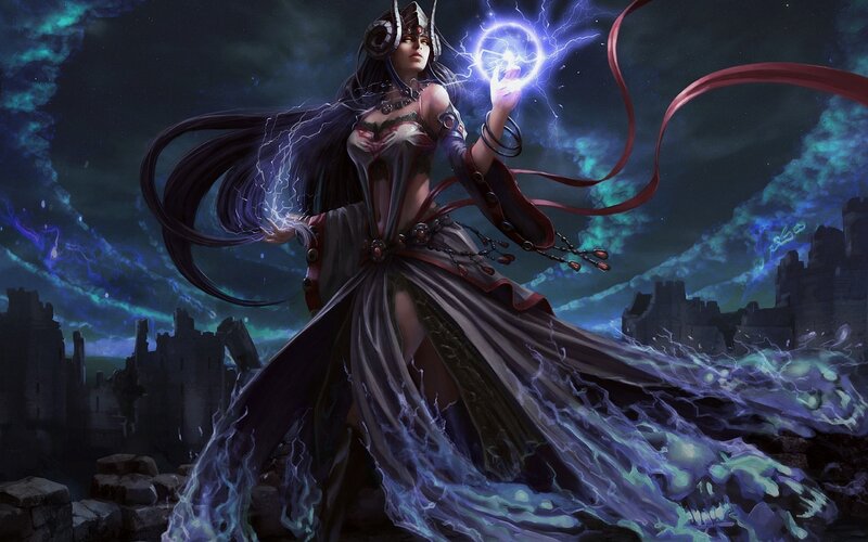Female Mage with Lightning — Blue