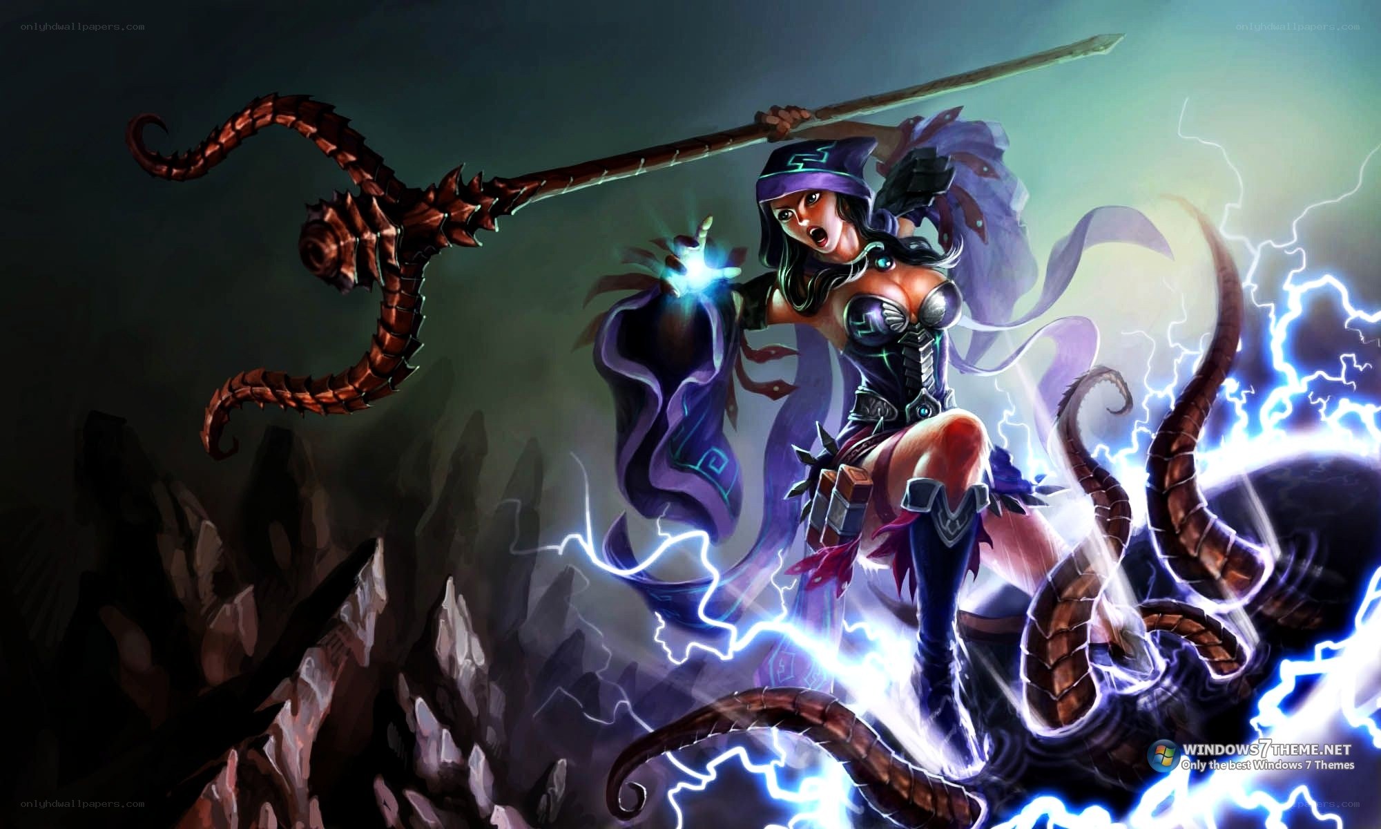 female mage with lightning staff