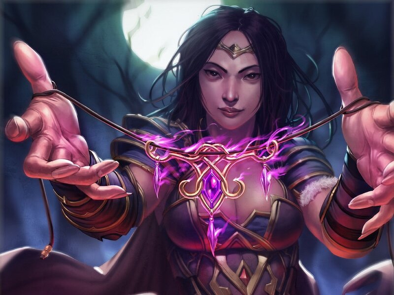 female mage with purple amulet
