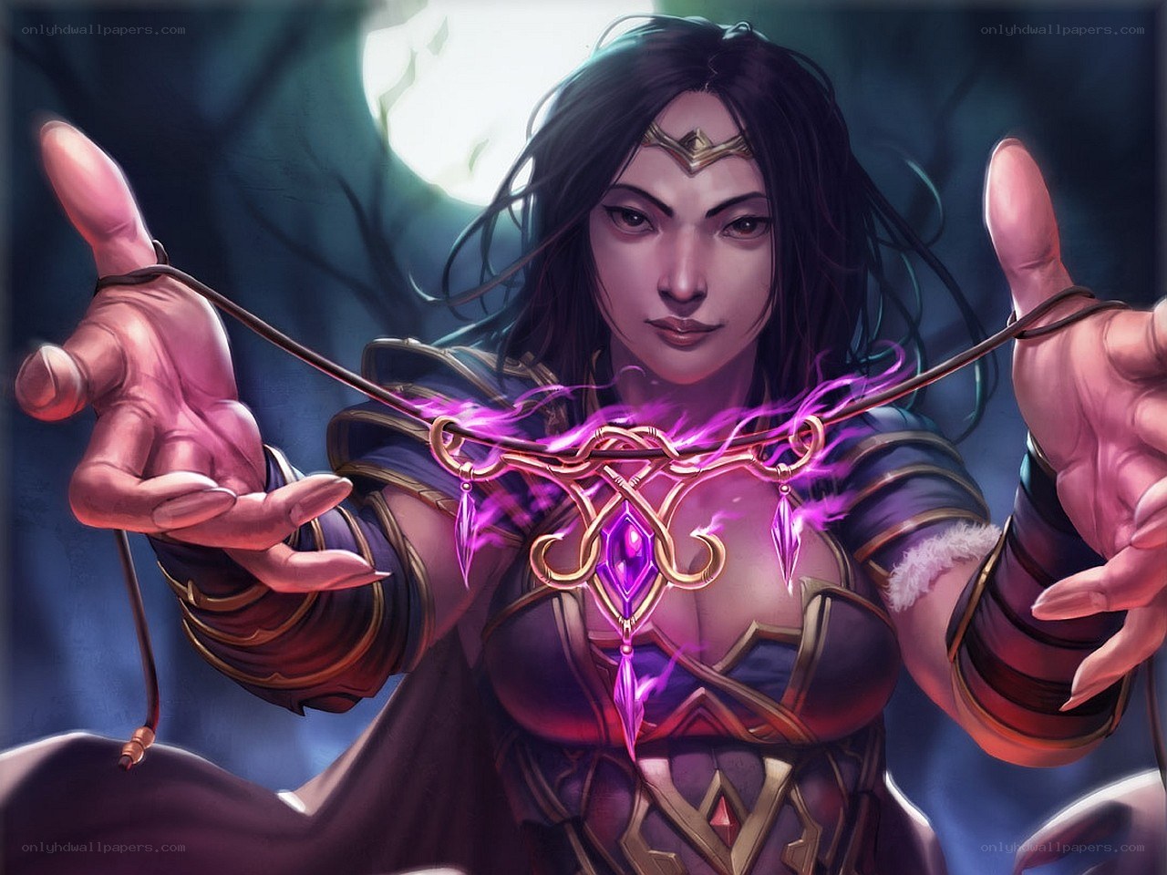 female mage with purple amulet