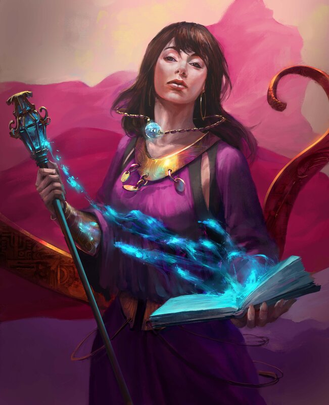 female mage with staff and book