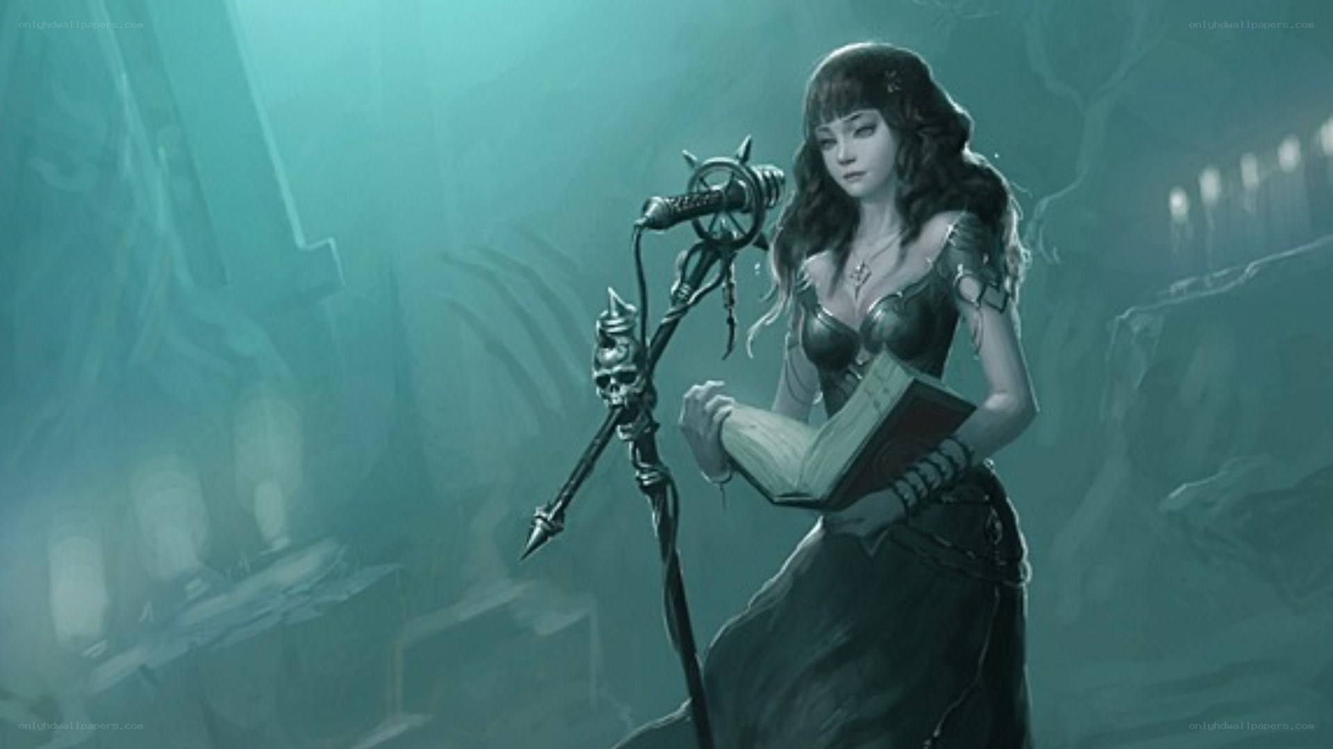 female mage with staff and book