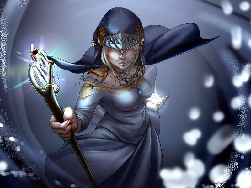 Female Mage with Staff — Blue, Dramatic, Digital Art, Cape