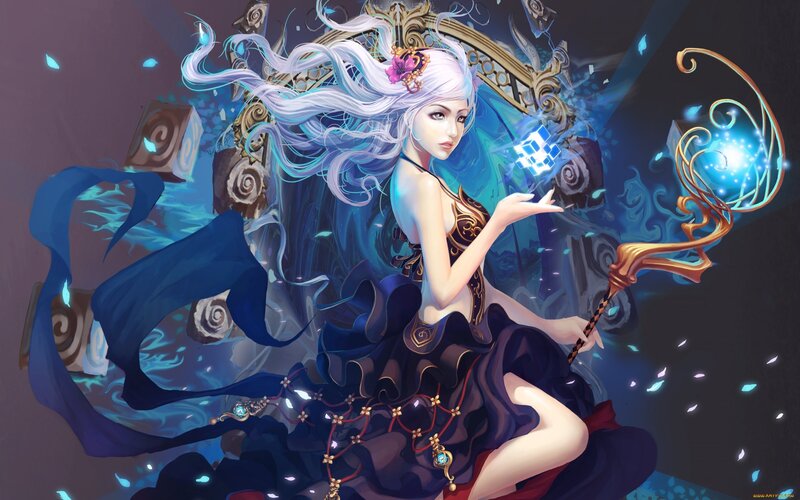 Female Mage with Staff — Blue, Dramatic, Digital Art, Magic, Long Hair, Dress