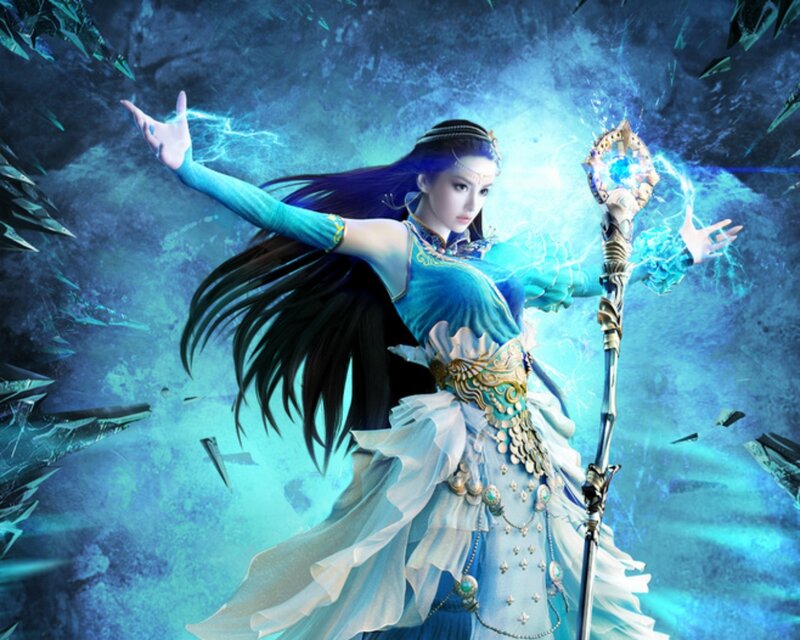 Female Mage with Staff — Blue, Dramatic, Digital Art, Magic, Long Hair