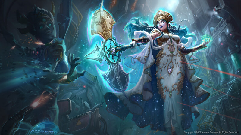 Female Mage with Staff — Blue, Dramatic, Digital Art, Robot