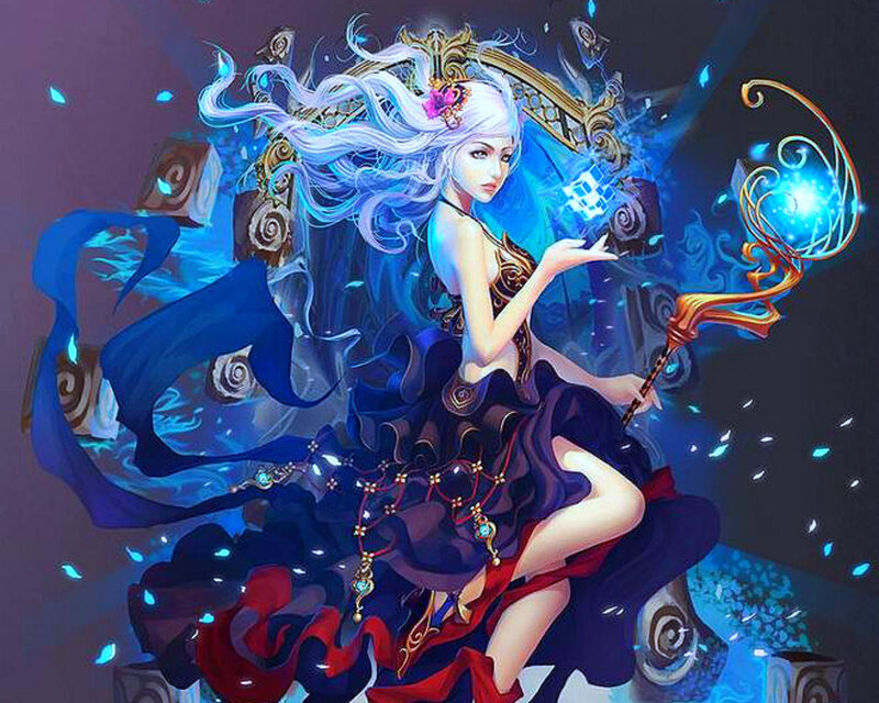 Female Mage with Staff — Blue, Dramatic, Night