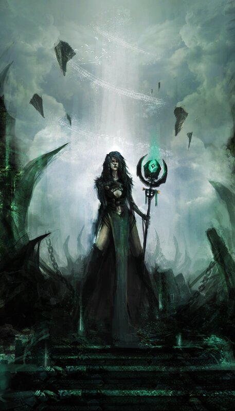 Female Mage with Staff — Green, Dramatic, Digital Art