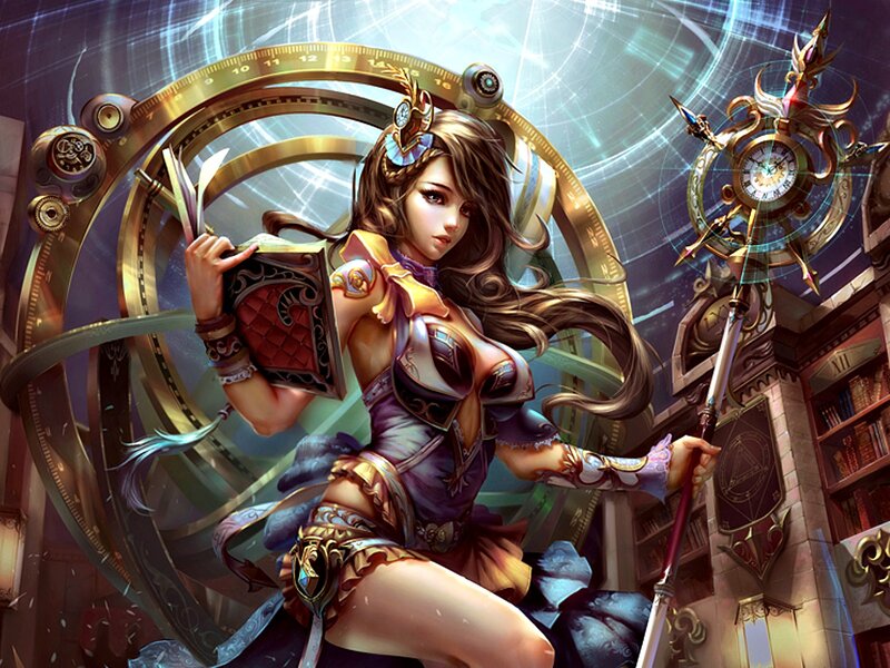 Female Mage with Staff — Purple, Dramatic, Digital Art, Book, Clockwork