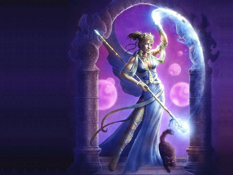 Female Mage with Staff — Purple, Dramatic, Night, Digital Art, Cat