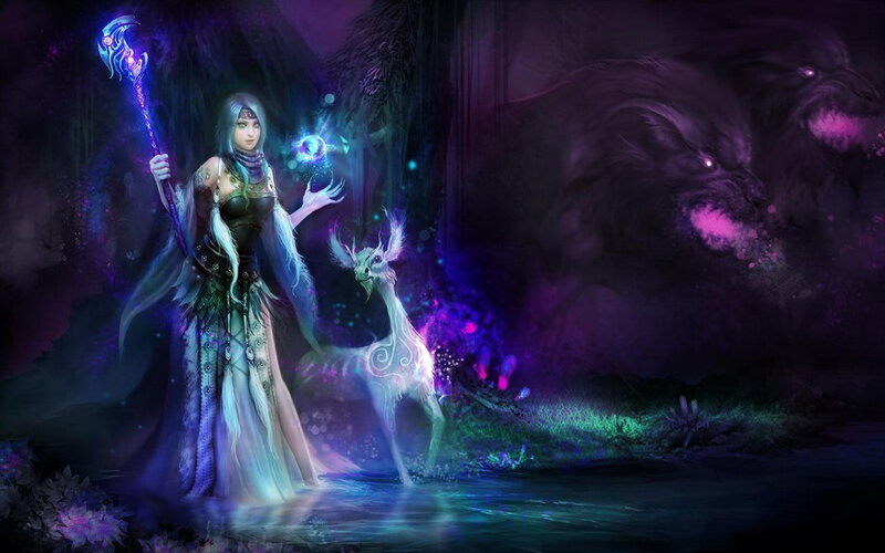 Female Mage with Staff — Purple, Dramatic, Night, Digital Art, Deer