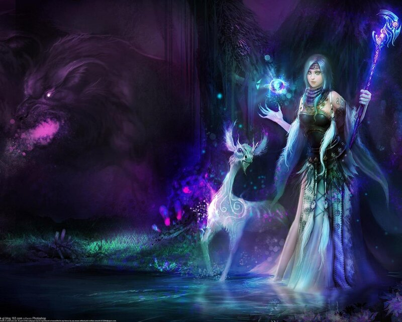 Female Mage with Staff — Purple, Dramatic, Night, Digital Art, Wolf, Deer