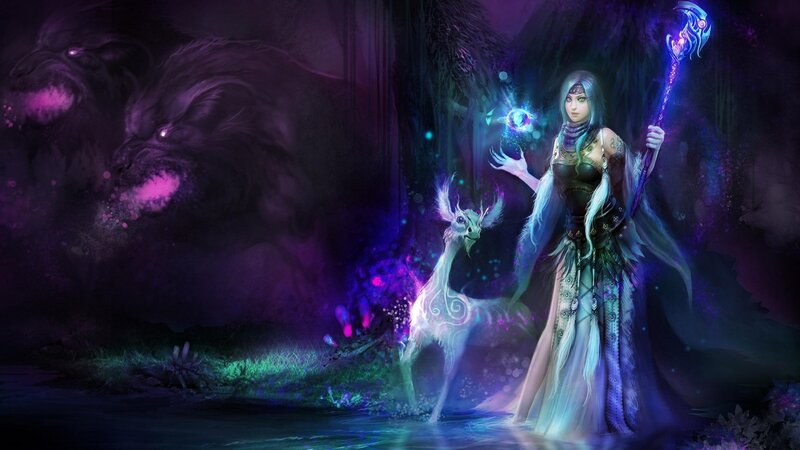 Female Mage with Staff — Purple, Dramatic, Night, Digital Art, Wolf