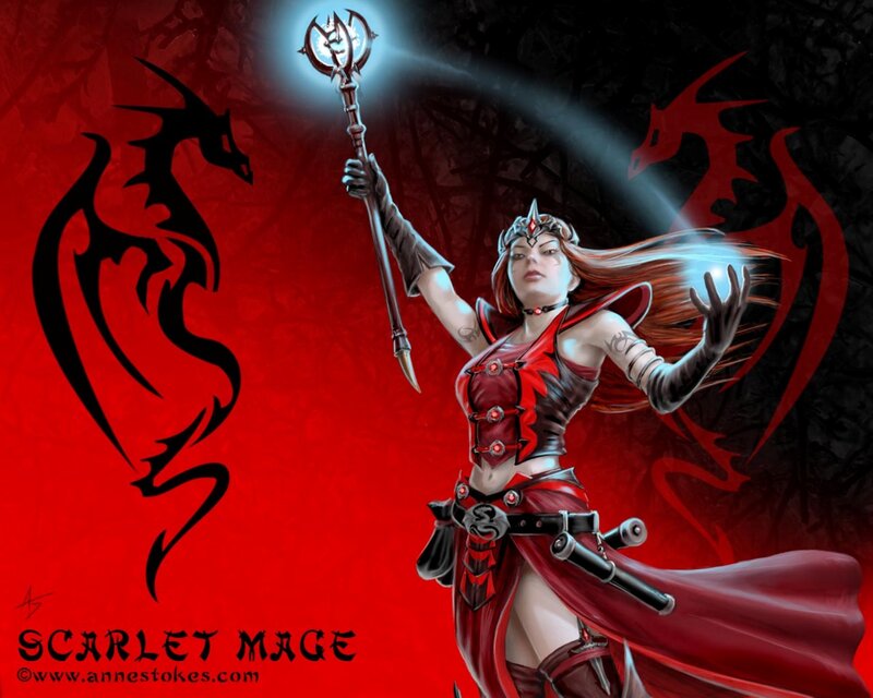 Female Mage with Staff — Red, Dramatic, Digital Art, Dragon