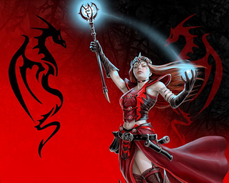 Female Mage with Staff — Red, Dramatic, Digital Art