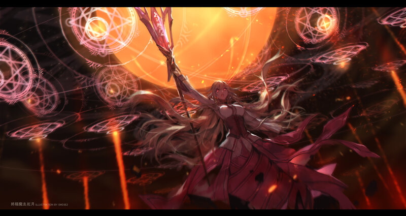 Female Mage with Staff — Red, Dramatic, Night, Digital Art, Magic Circles
