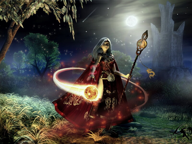 Female Mage with Staff — Red, Dramatic, Night, Digital Art