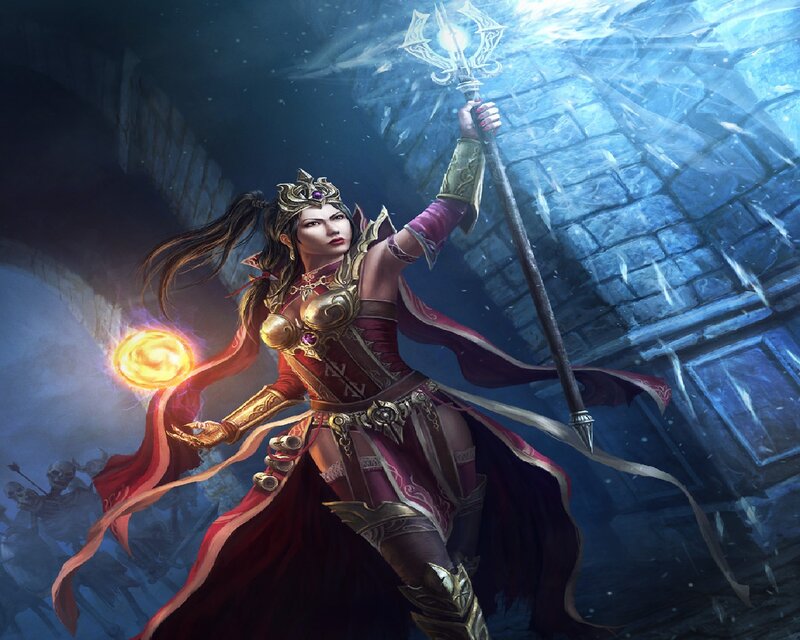 Female Mage with Staff — Red, Dramatic, Night