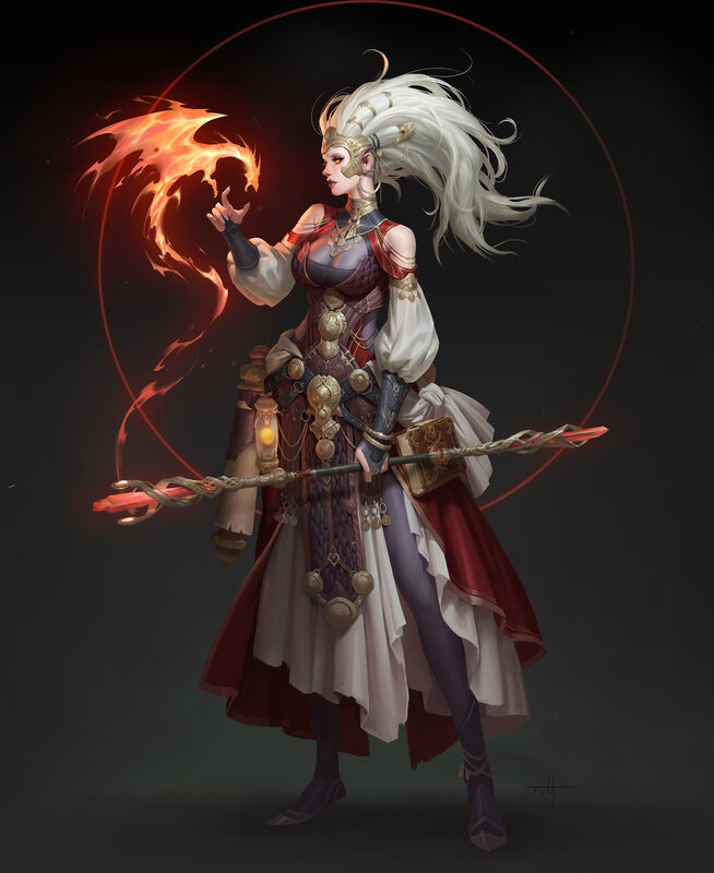 Female Mage with Staff — White, Dramatic, Digital Art, Fire