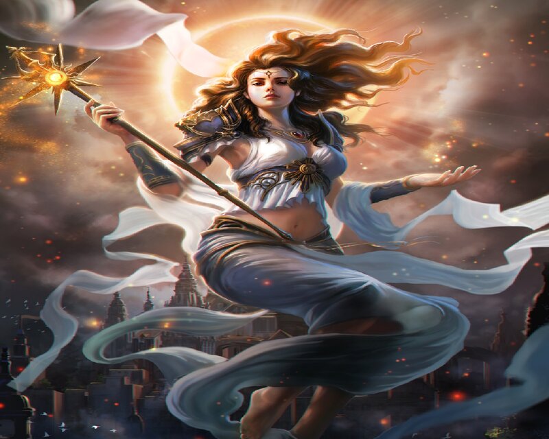 Female Mage with Staff — White, Dramatic, Sunset