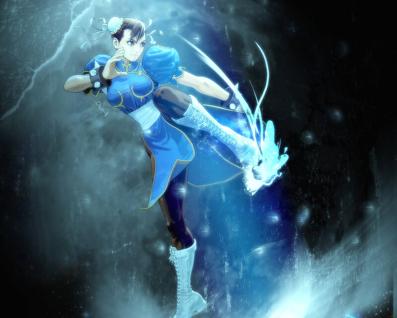 Female Martial Artist — Blue, Dramatic, Digital Art, Kick
