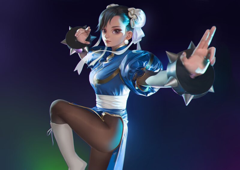 Female Martial Artist — Blue, Dynamic, Digital Art, Martial Arts Pose