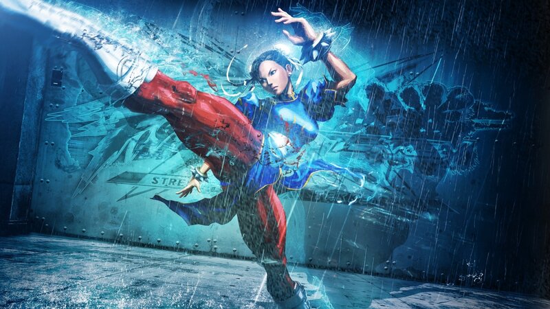 Female Martial Artist Kicking — Blue, Dramatic