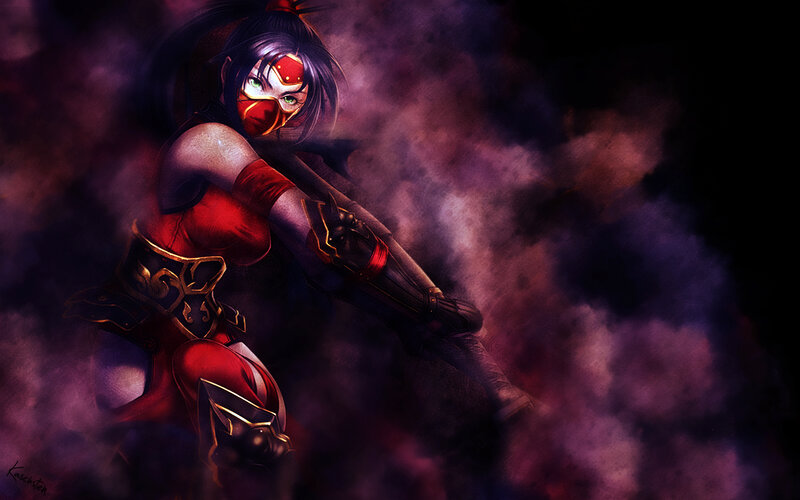 Female Ninja Warrior — Red, Dramatic, Night, Digital Art, Sword, Smoke