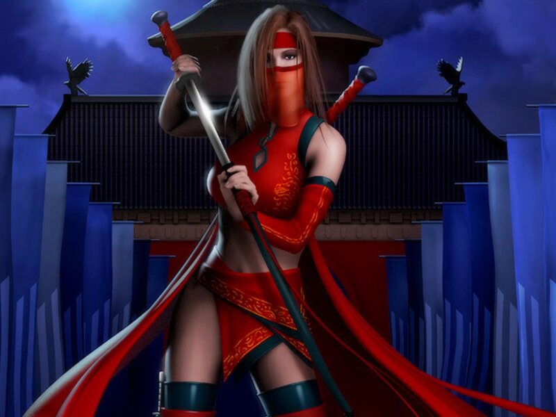 Female Ninja Warrior — Red, Dramatic, Night, Digital Art, Sword