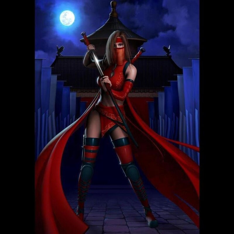 Female Ninja Warrior — Red, Dramatic, Night