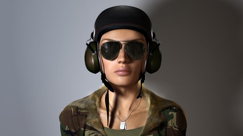 female pilot in helmet and sunglasses