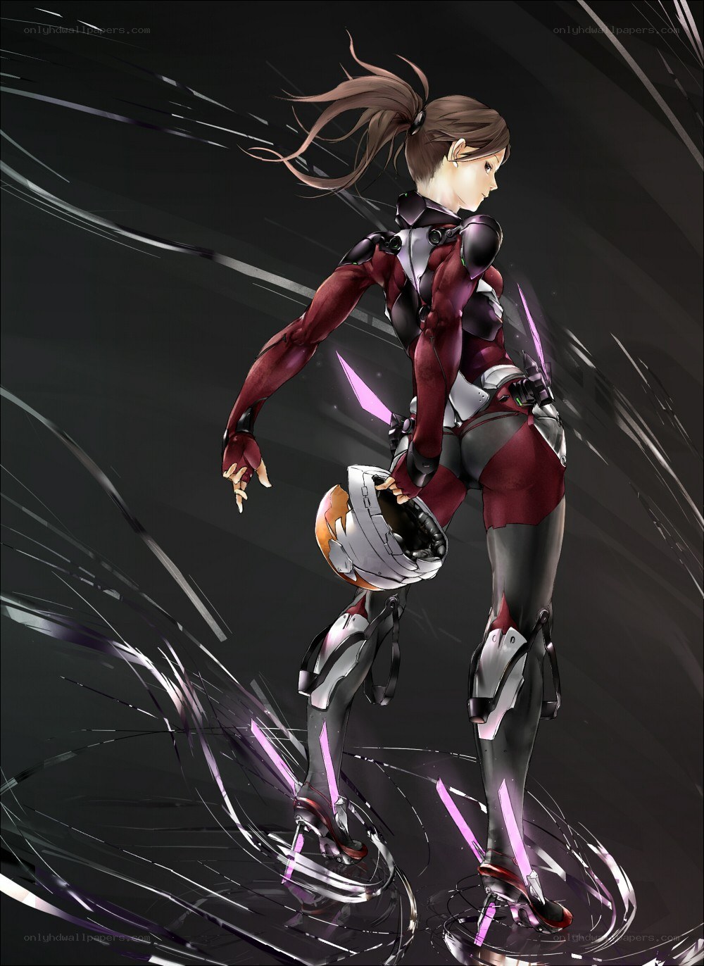 female pilot in red armor