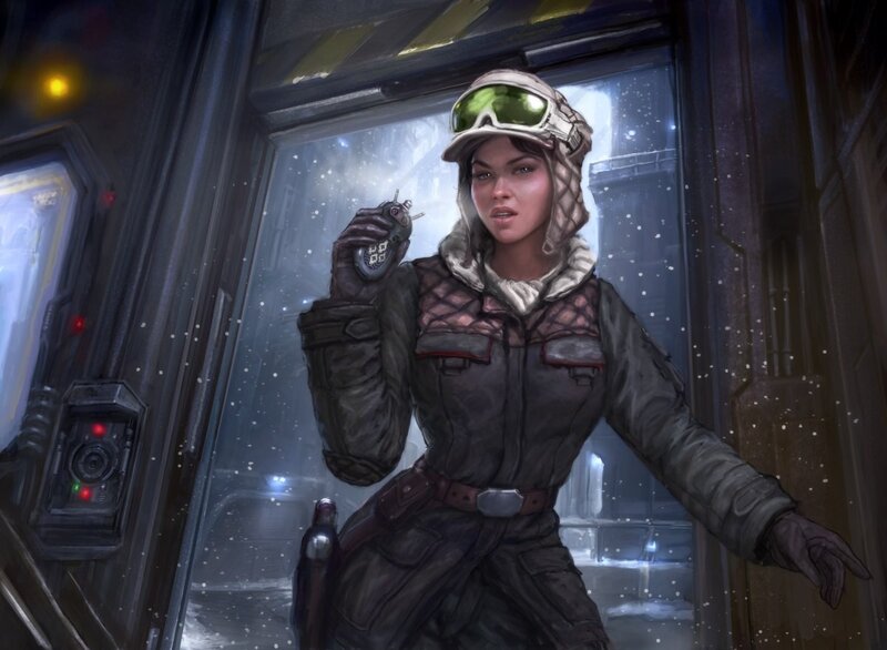 female pilot in snowy cockpit