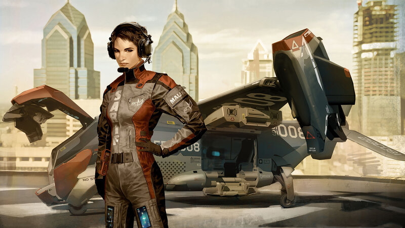 female pilot with futuristic aircraft