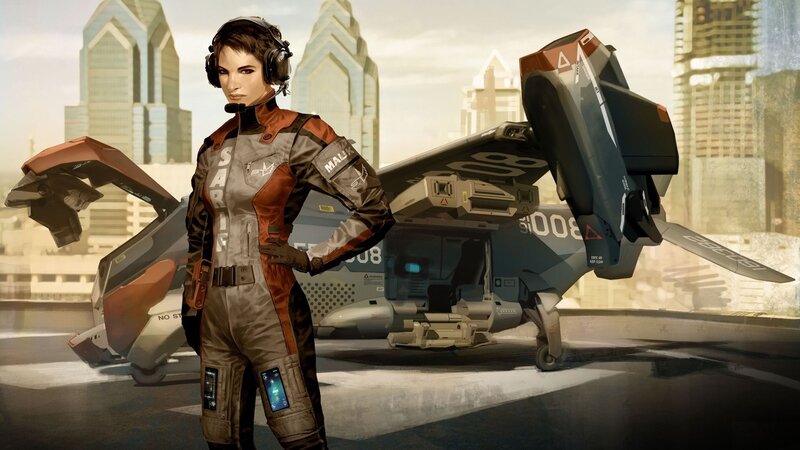 female pilot with futuristic aircraft