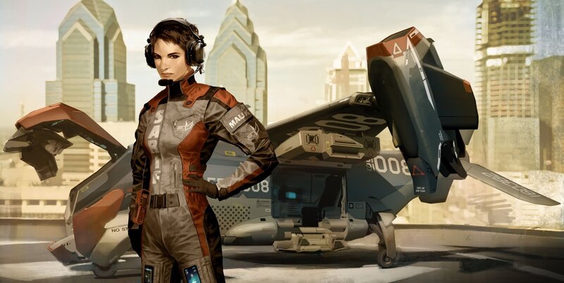 female pilot with futuristic aircraft