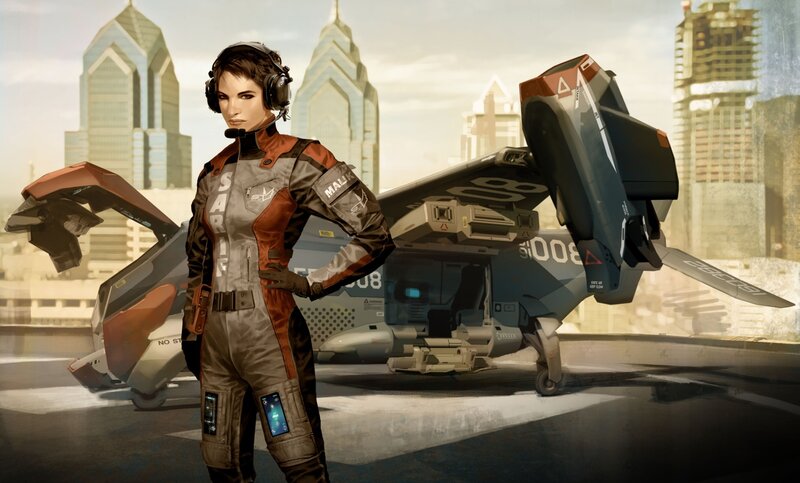 female pilot with futuristic aircraft