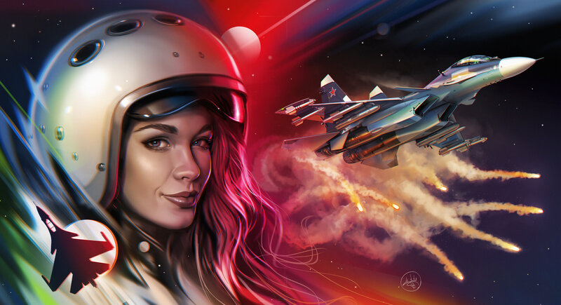 Female Pilot with Jet — Red, Dramatic