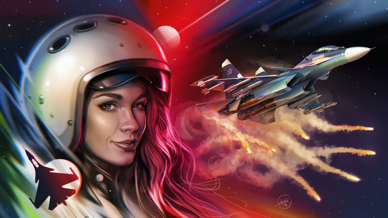 Female Pilot with Jet — Red