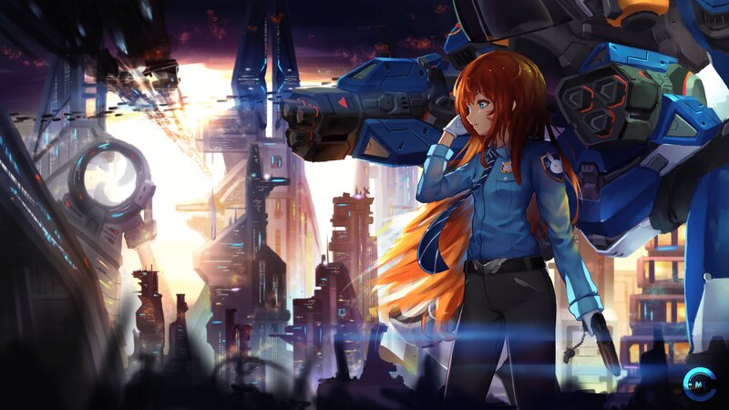 Female Pilot with Mech — Blue