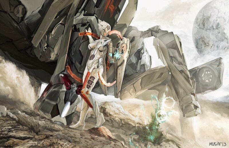 Female Pilot with Mech — Gray, Dramatic, Digital Art