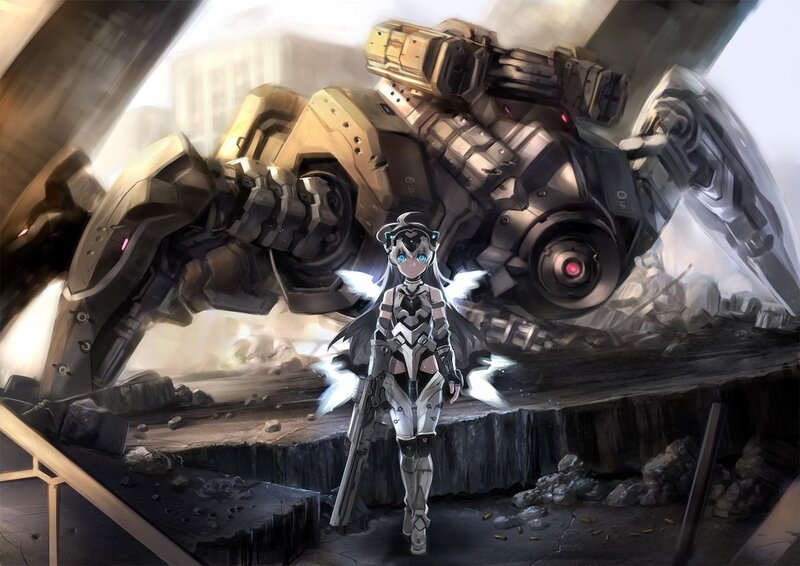 Female Pilot with Mech — Gray, Dramatic