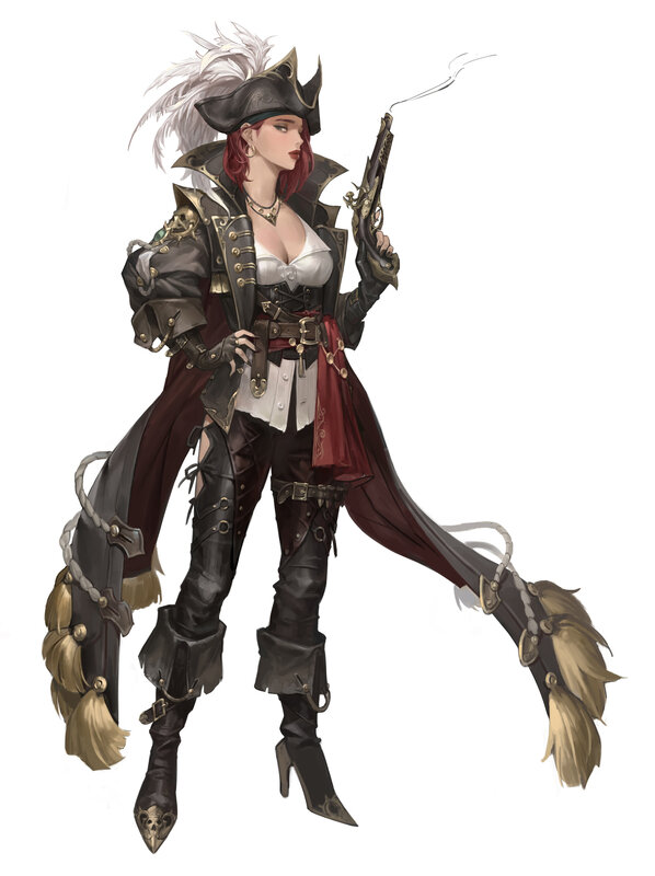 Female Pirate Character — Black, Dramatic, Digital Art, Gun