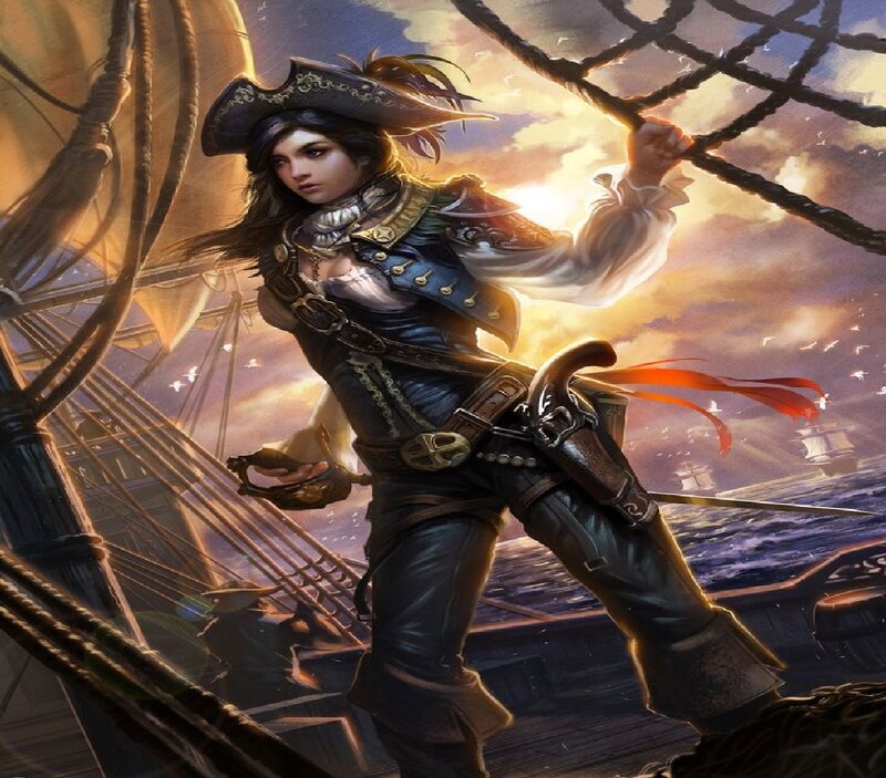 Female Pirate on Ship — Blue, Dramatic, Sunset