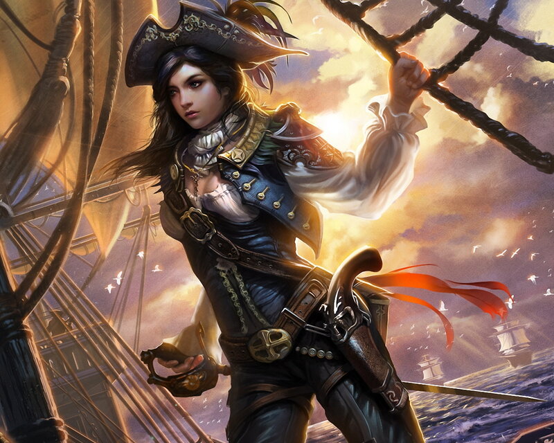 Female Pirate on Ship — Blue, Dramatic