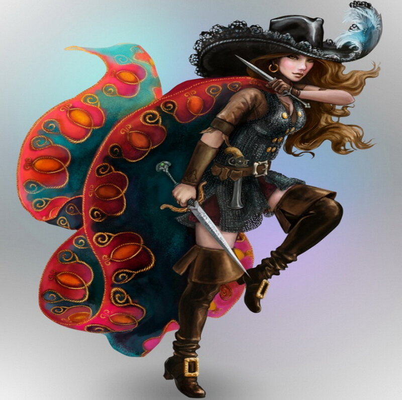 Female Pirate Warrior — Red, Dramatic, Digital Art