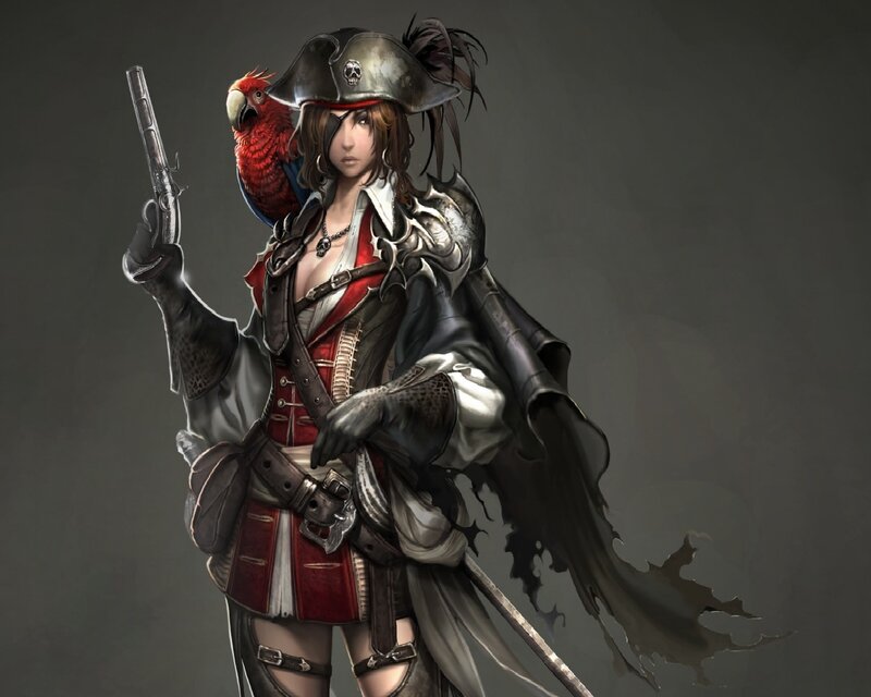 Female Pirate with Parrot — Gray